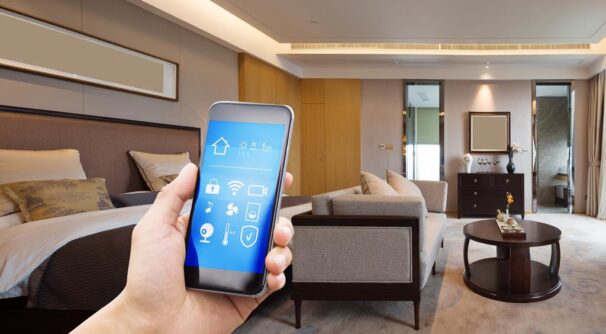 mobile phone with apps in modern luxury bedroom